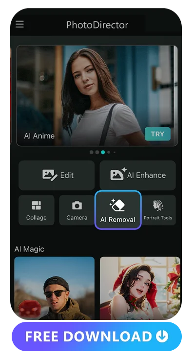 main UI of PhotoDirector with AI Removal feature highlighted